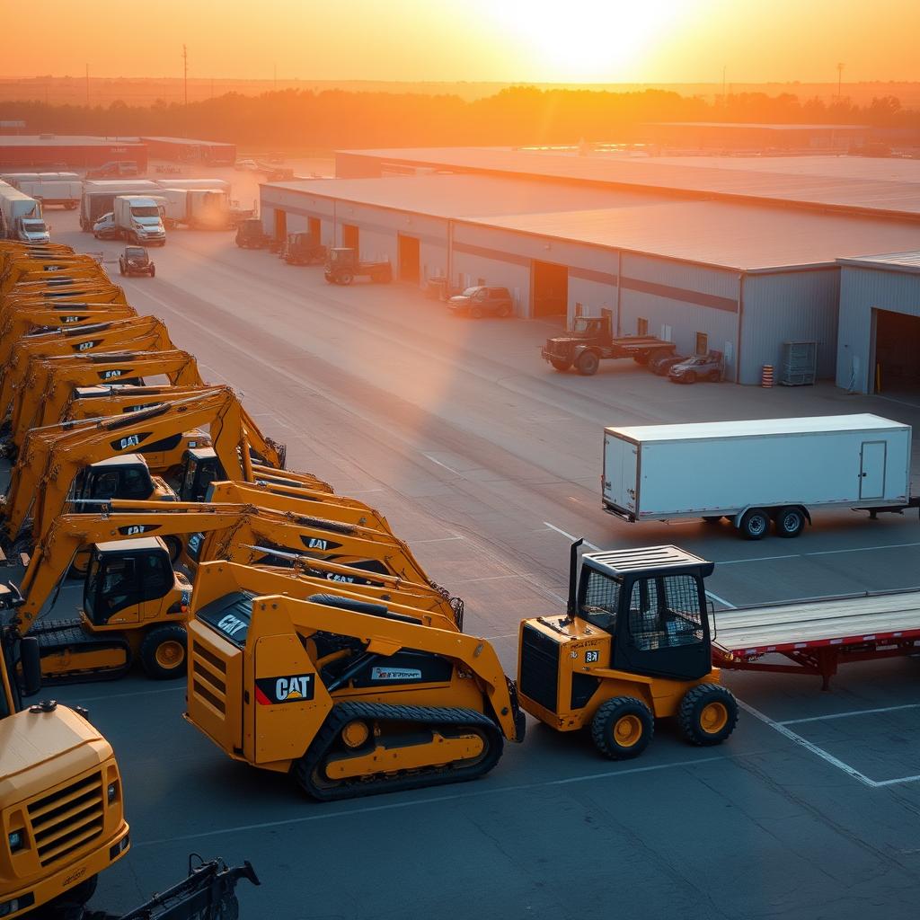 Equipment rental yard at dawn — excavators, skid steers, and boom lifts staged for delivery